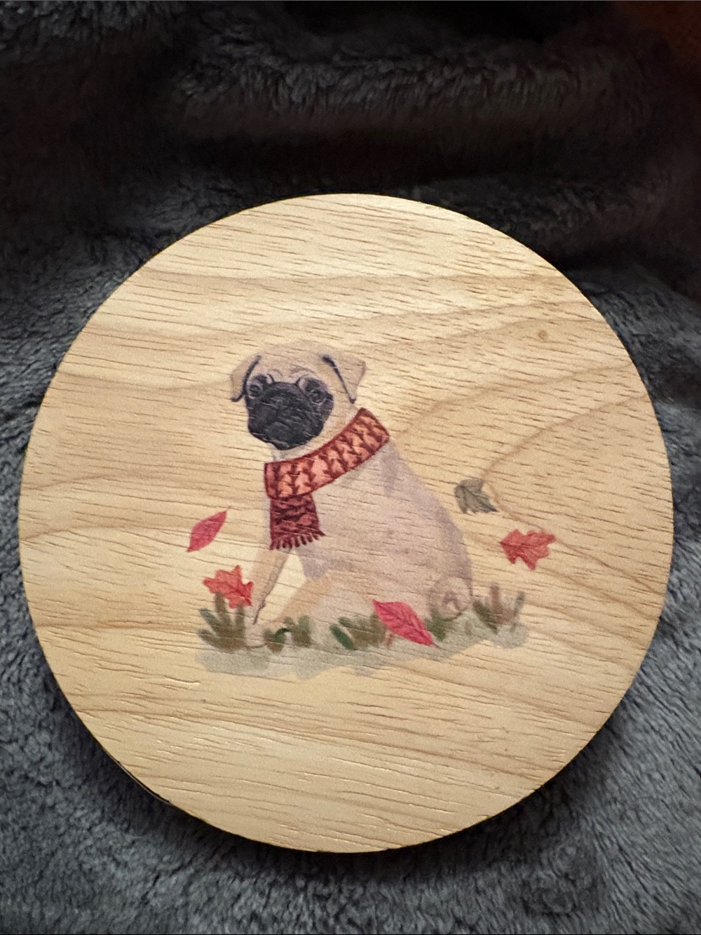 Round Repurposed Wooden Coaster or Candle Lid Pug Wearing Fall Red-Orange Scarf